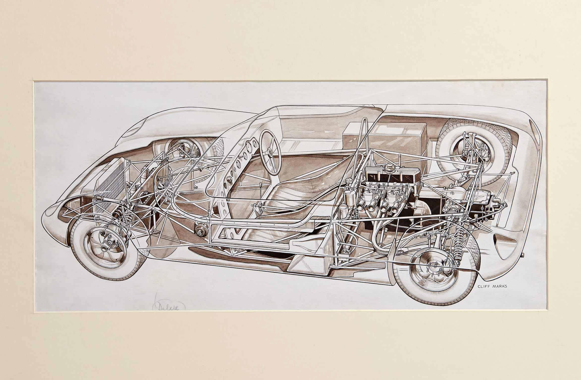 This beautiful pen and ink "cutaway" drawing of the Lotus 23 sports racing car is the actual, original artwork by Cliff Marks that was published in the venerable British car magazine, The Motor, in 1962, after the car was introduced at the