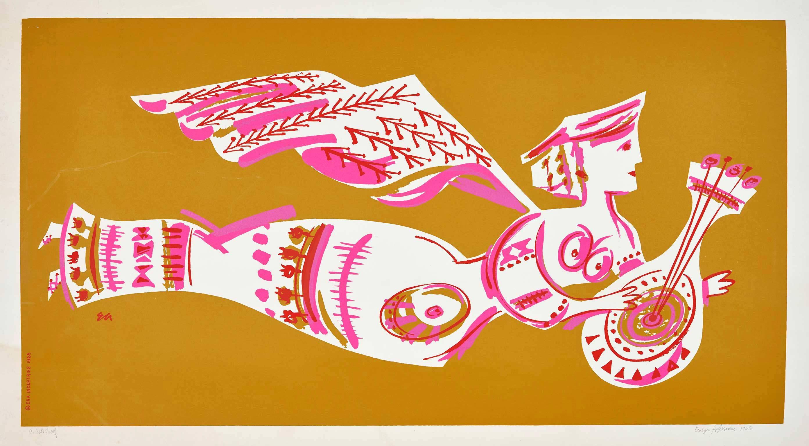 This extremely rare silkscreen print by Evelyn Ackerman dates from 1965 and is dated and signed by the beloved artist. Evelyn Ackerman and her husband Jerry were important exponents of the post-war Southern California design scene. Evelyn's work was