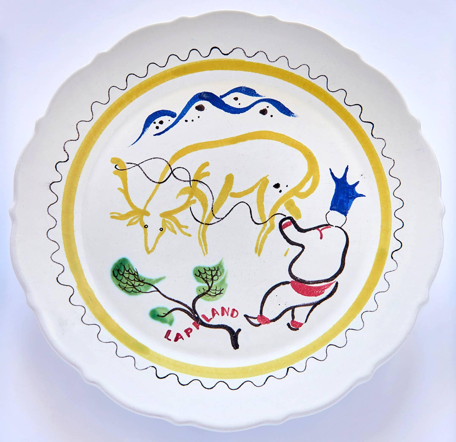 This set of faience dinner plates (nine altogether, though only eight appear in the group photograph) was created by Stig Lindberg in the late 1940s to celebrate the various regions of Sweden. All of the paintings are done in Stig Lindberg's