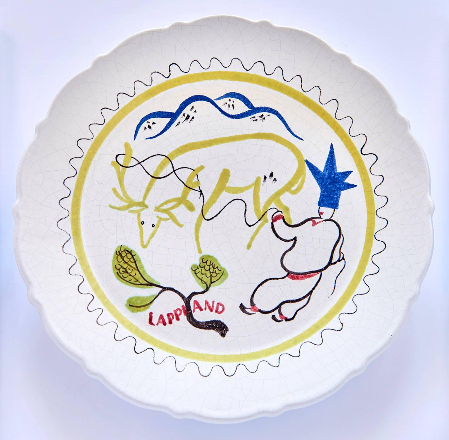 Earthenware Set of Nine Hand-Painted Faience Dinner Plates by Stig Lindberg