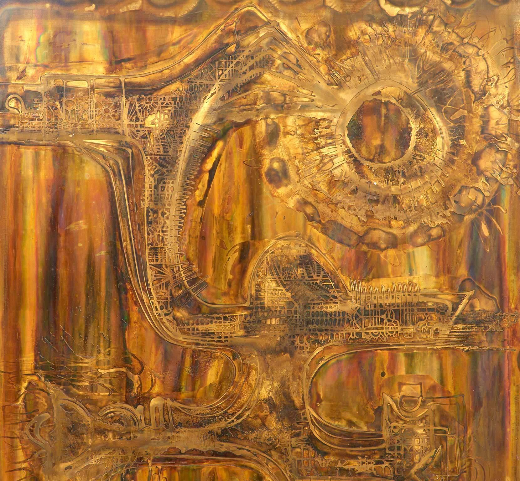 Canadian Acid-Etched and Oxidized Brass Panel by Bernhard Rohne, 1970s For Sale