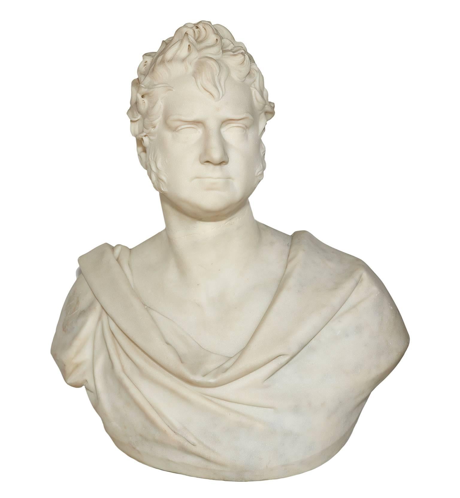 Thomas Earle (1810-1876) was a distinguished 19th century English sculptor who regularly exhibited at the Royal Academy and was honoured by that institution with a gold medal for his work. This magnificent portrait bust in the Roman style is