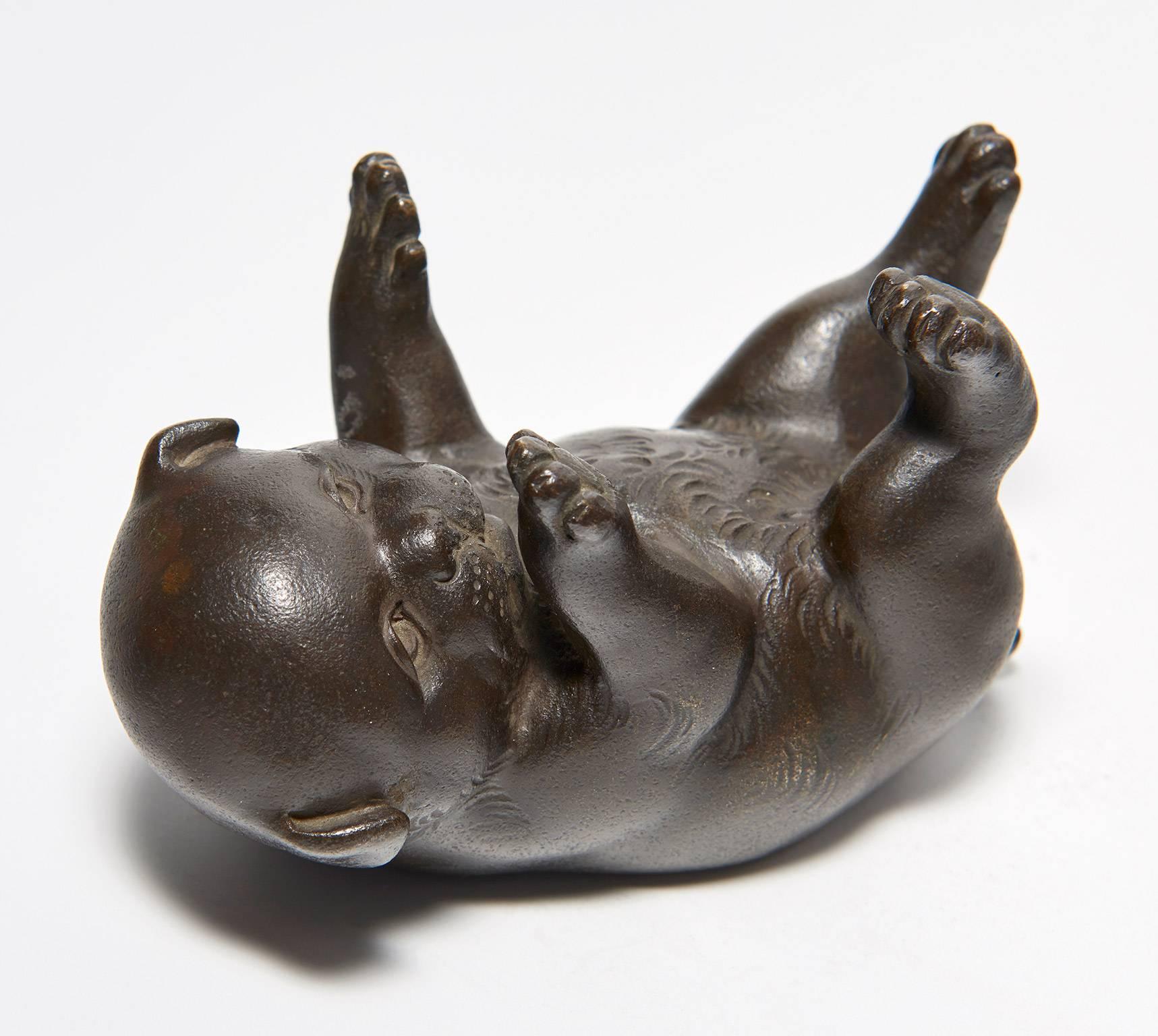 19th Century Japanese Bronze Okimono Figure of a Puppy 1