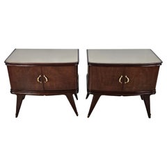 Vintage 1950s mahogany feather bedside tables with brown glass and brass handles