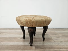Antique Walnut Pouf with Upholstered Fabric Seat, Vintage Style, 1940
