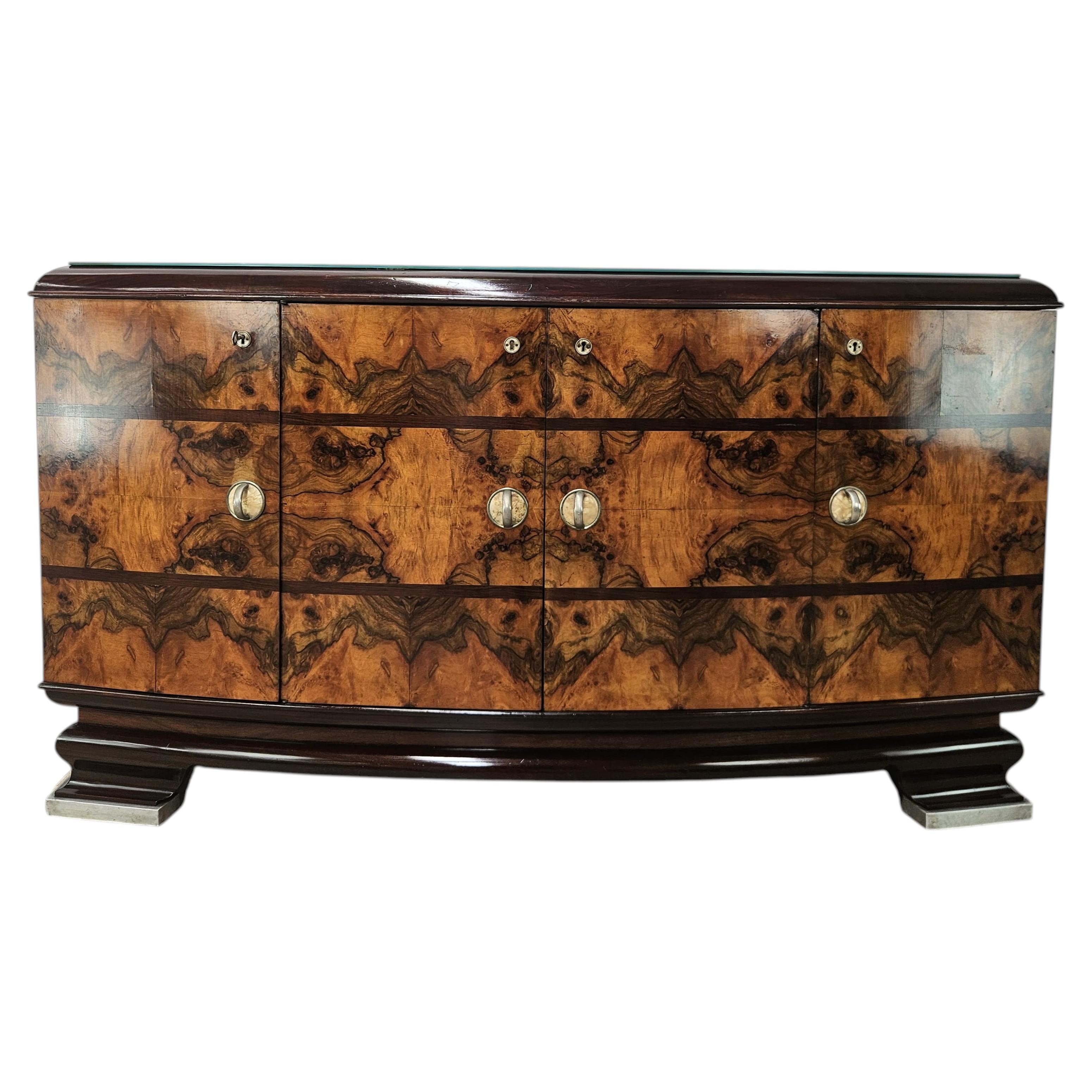 Art Deco Sideboard in Walnut Burl with Mirrored Top, Milan, 1940s Design For Sale