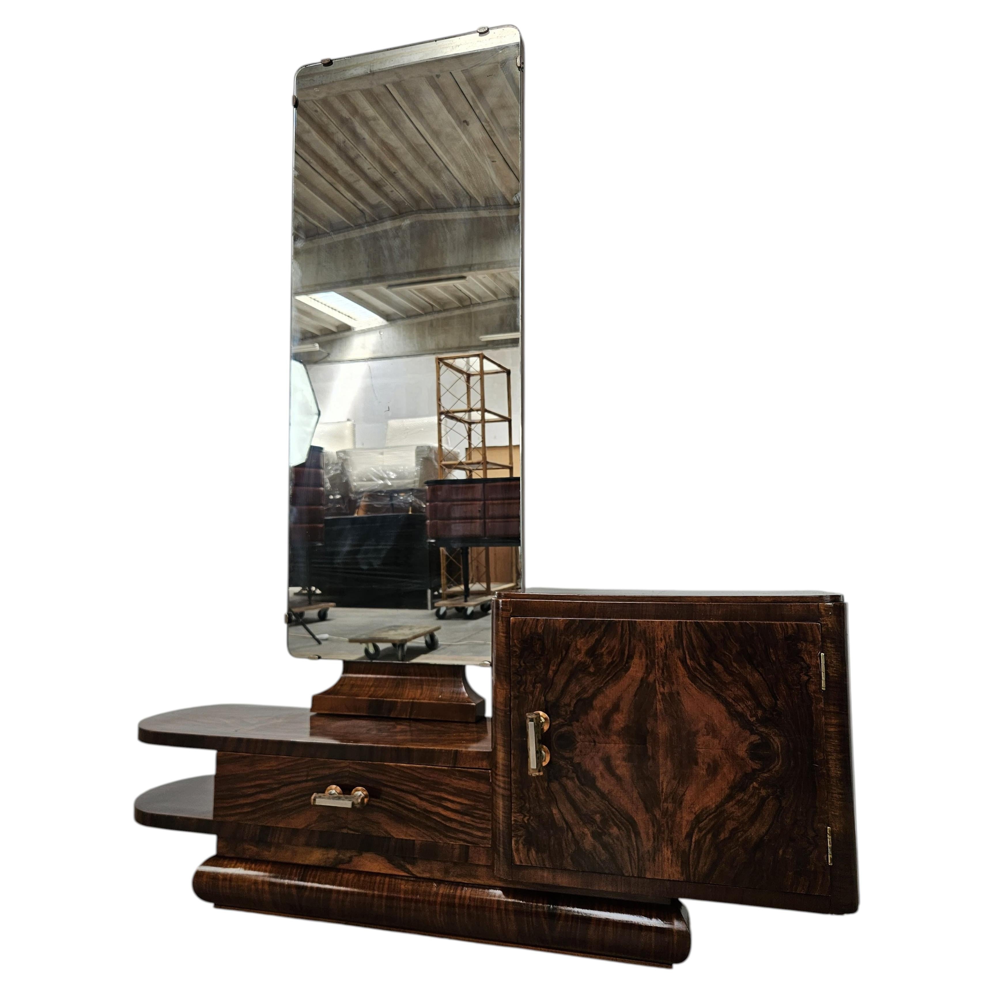 Art Deco Vanity Table in Walnut with Mirror, Italian Design, 1940s