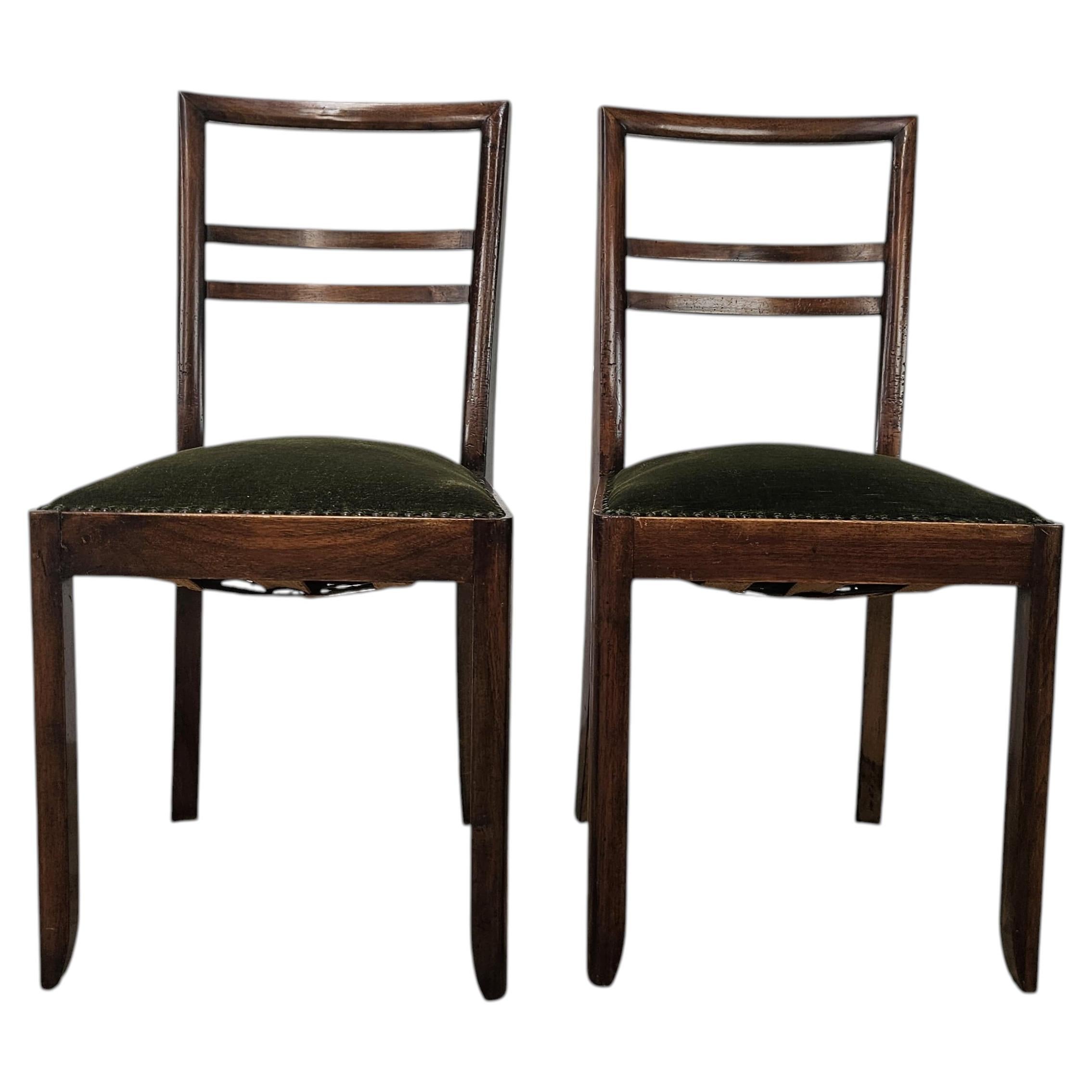 Art Deco dining chairs in walnut and fabric, 1940 For Sale