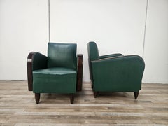 Art Déco Club Chairs in Walnut and Green Eco-Leather, Italy, 1940s
