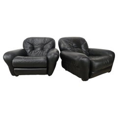 Black Leather Club Chairs from the 1970s