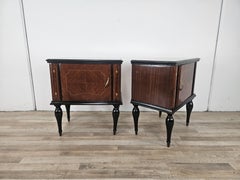 1960s mahogany burl bedside tables with glass top