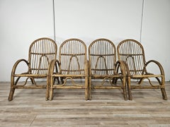 Vintage 1970s Wicker and Bamboo Armchair Set, 4-Piece, for Outdoor Use