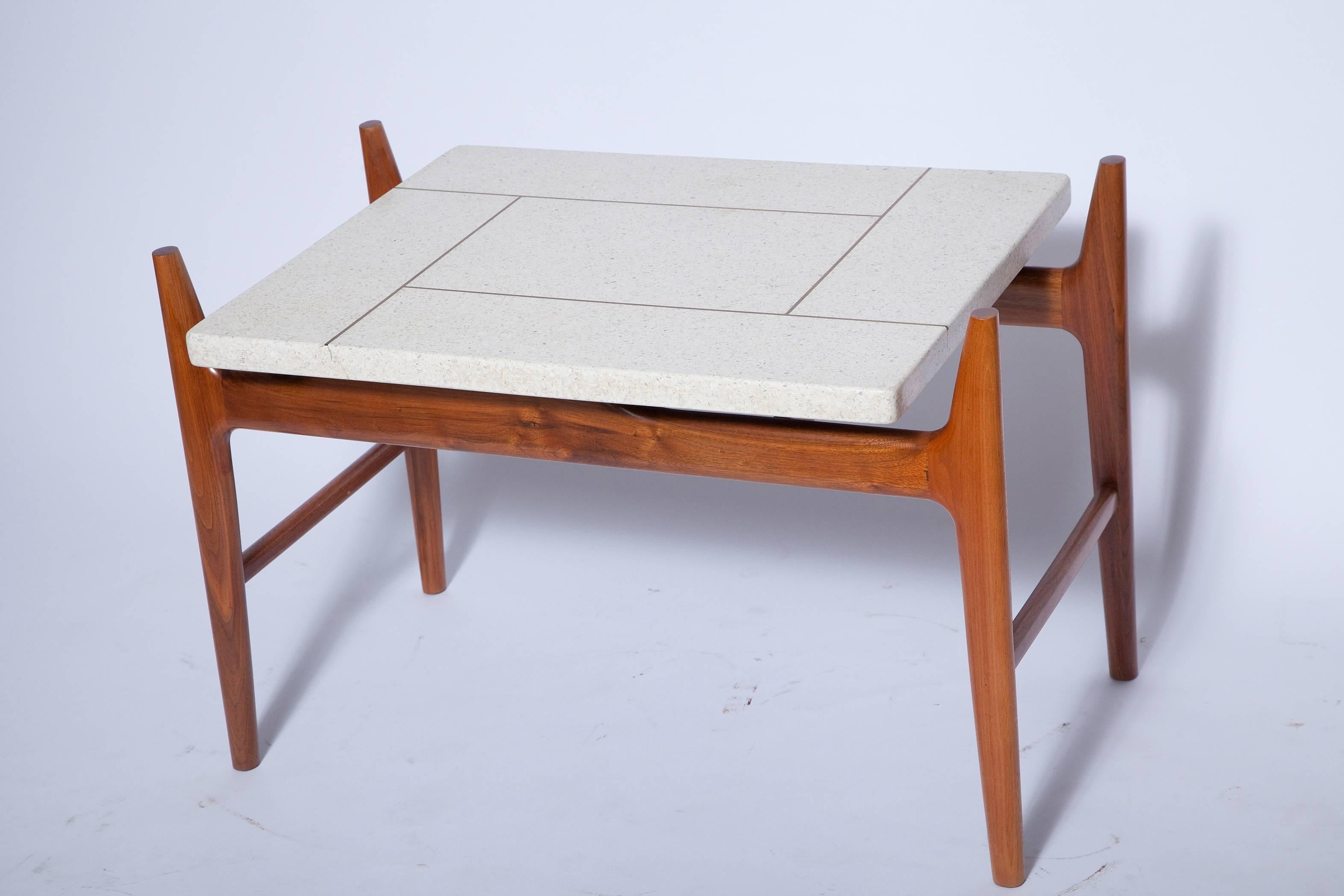 Mid-Century Modern Harvey Probber Teak Table with Brass Inlaid Terrazzo Top