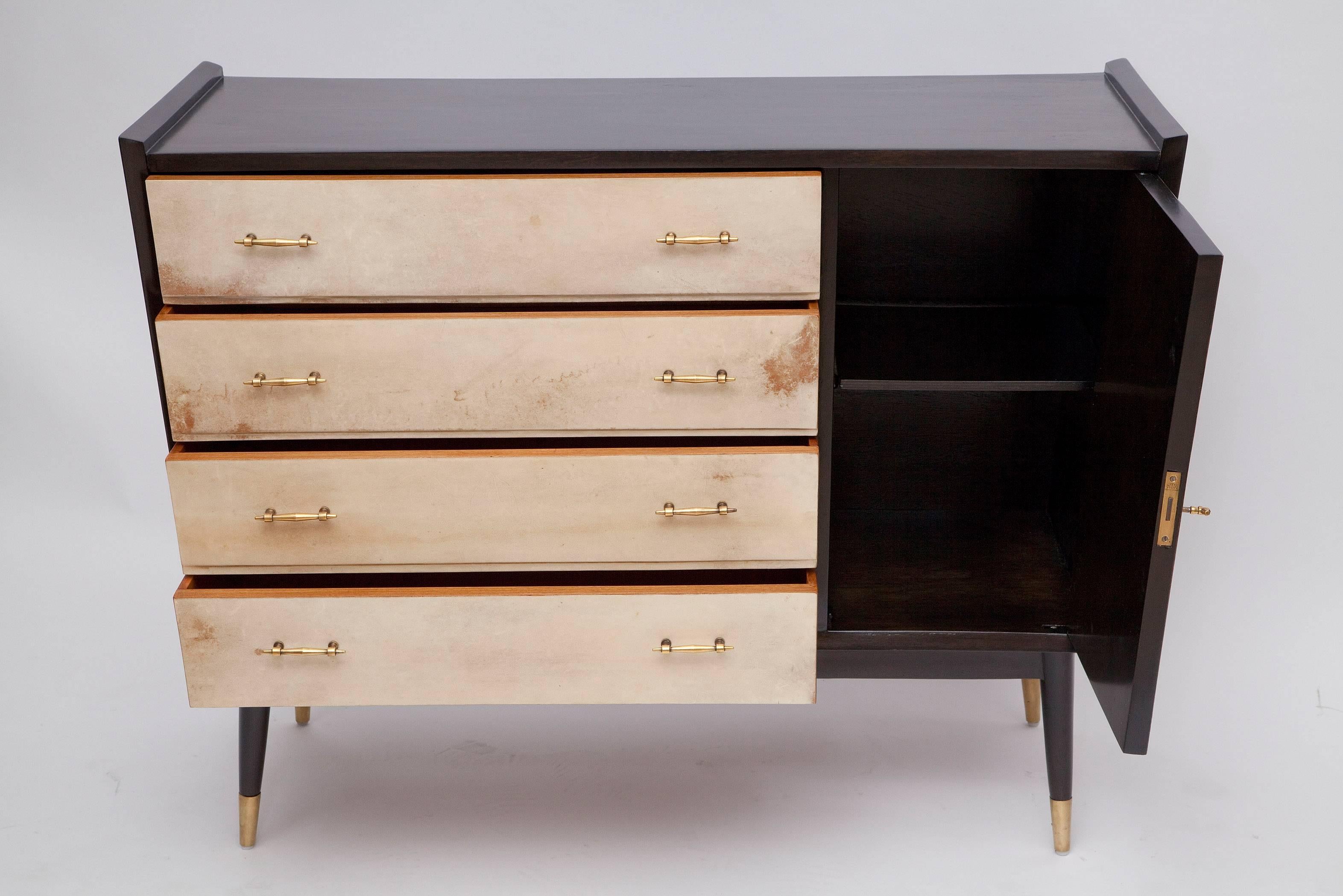 Mid-Century Modern 1950s French Parchment and Ebonized Wood Cabinet