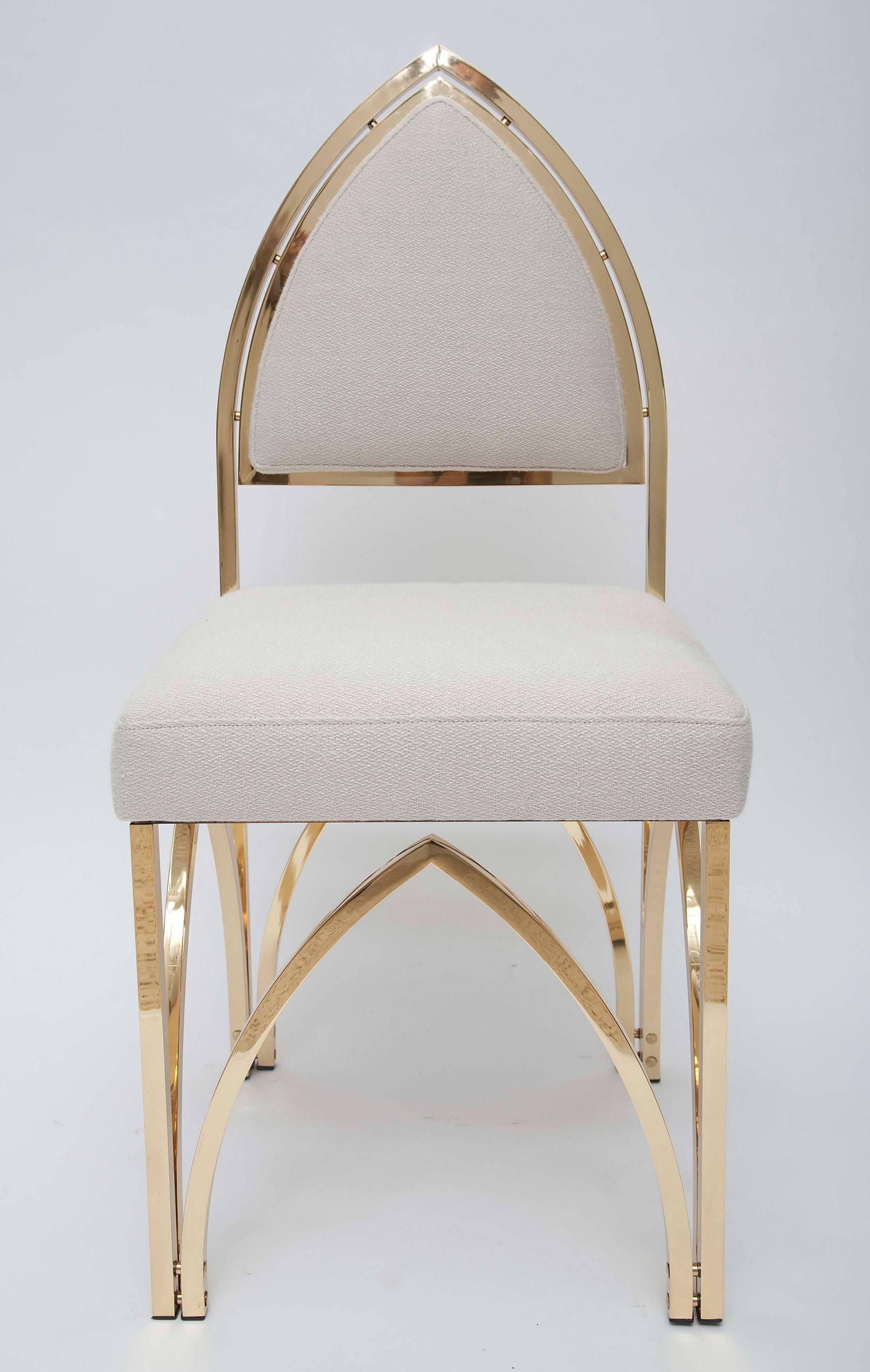 Architectural, romantic, charming - all words that describe these Gothic-inspired solid brass chairs, made in Italy, circa 1970. Professionally polished and upholstered in thick, Belgian linen. (Swatches available on request.)