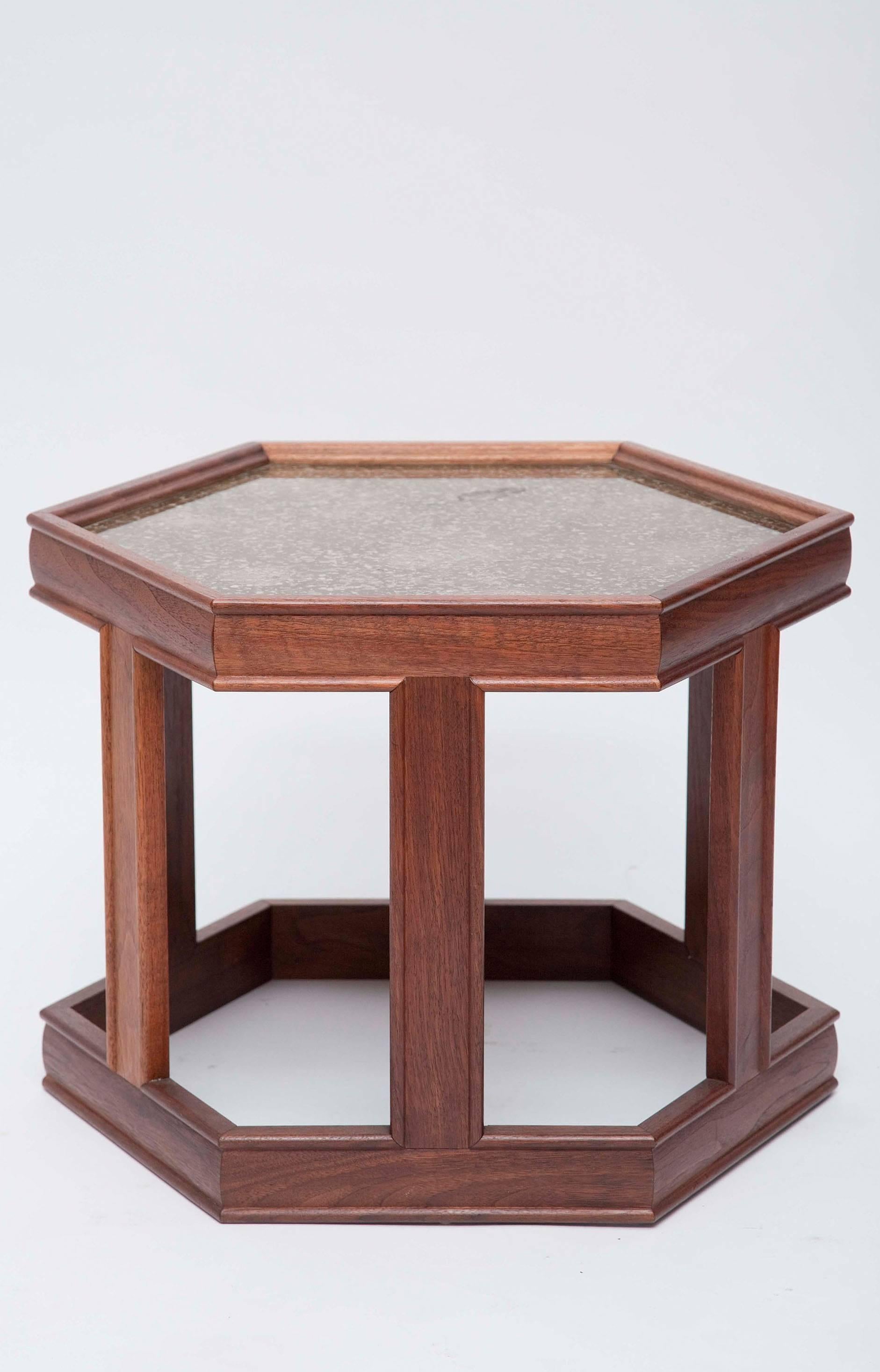 Pair of hexagonal walnut side tables with gold pebbled resin and glass tops, by John Keal for Brown Saltman. (Placed in a nested grouping with our Edward Wormley hexagonal side tables, they become a spectacular honey-combed coffee table!).