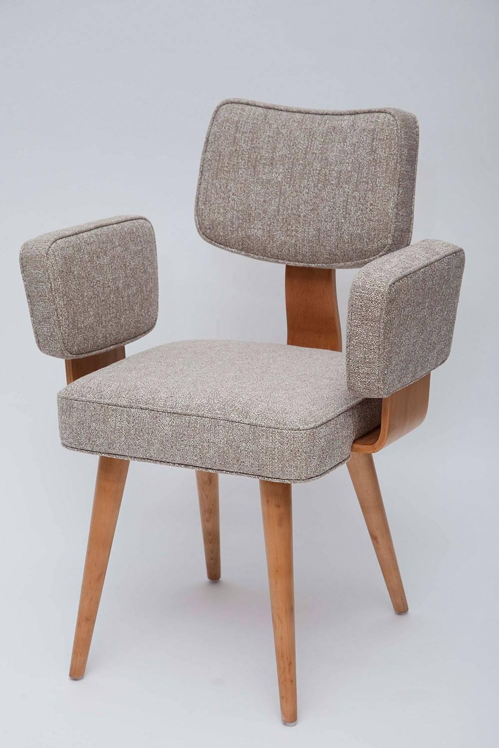 We're charmed by the Classic Mid-Century form of these very special Thonet bentwood armchairs. Refinished and newly upholstered in a soft but durable mini-tweed.
