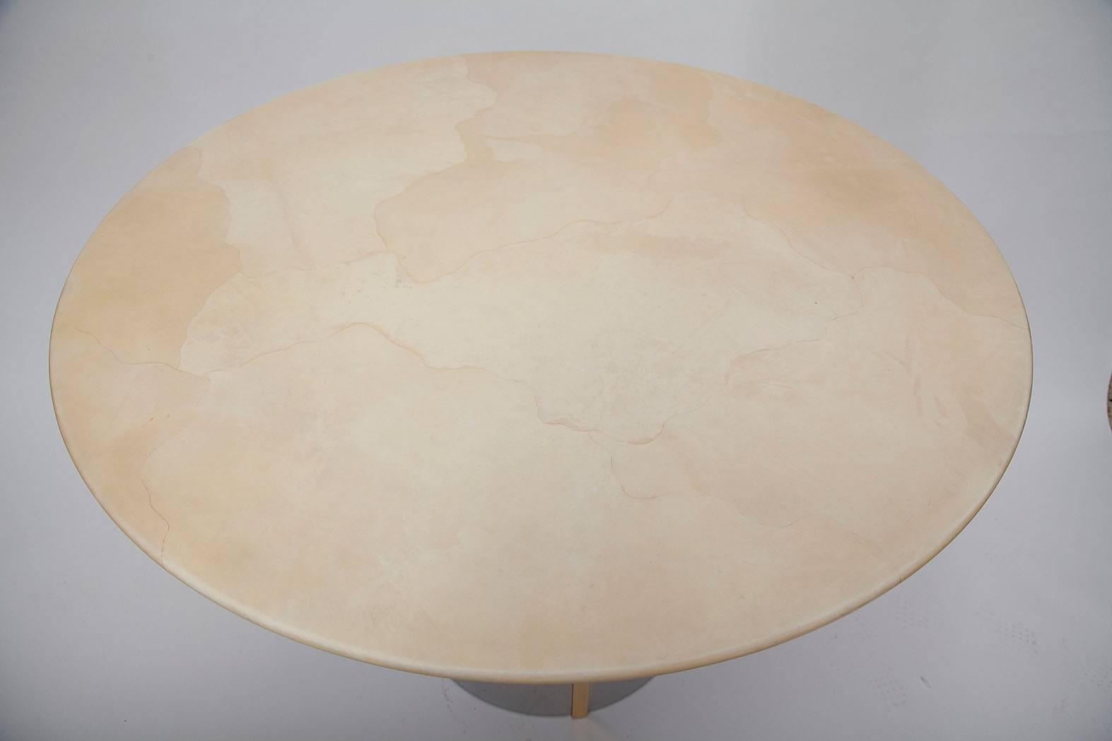 American 1970's Ron Seff Parchment Center/Dining Table with Polished Steel and Brass Base