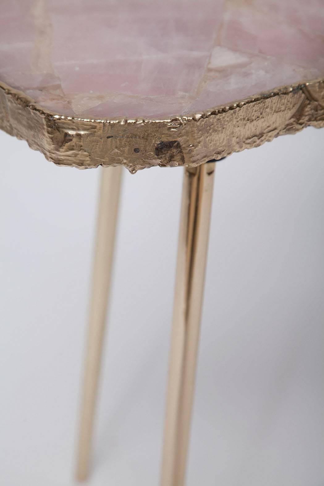American Rose Quartz and Brass Side Table