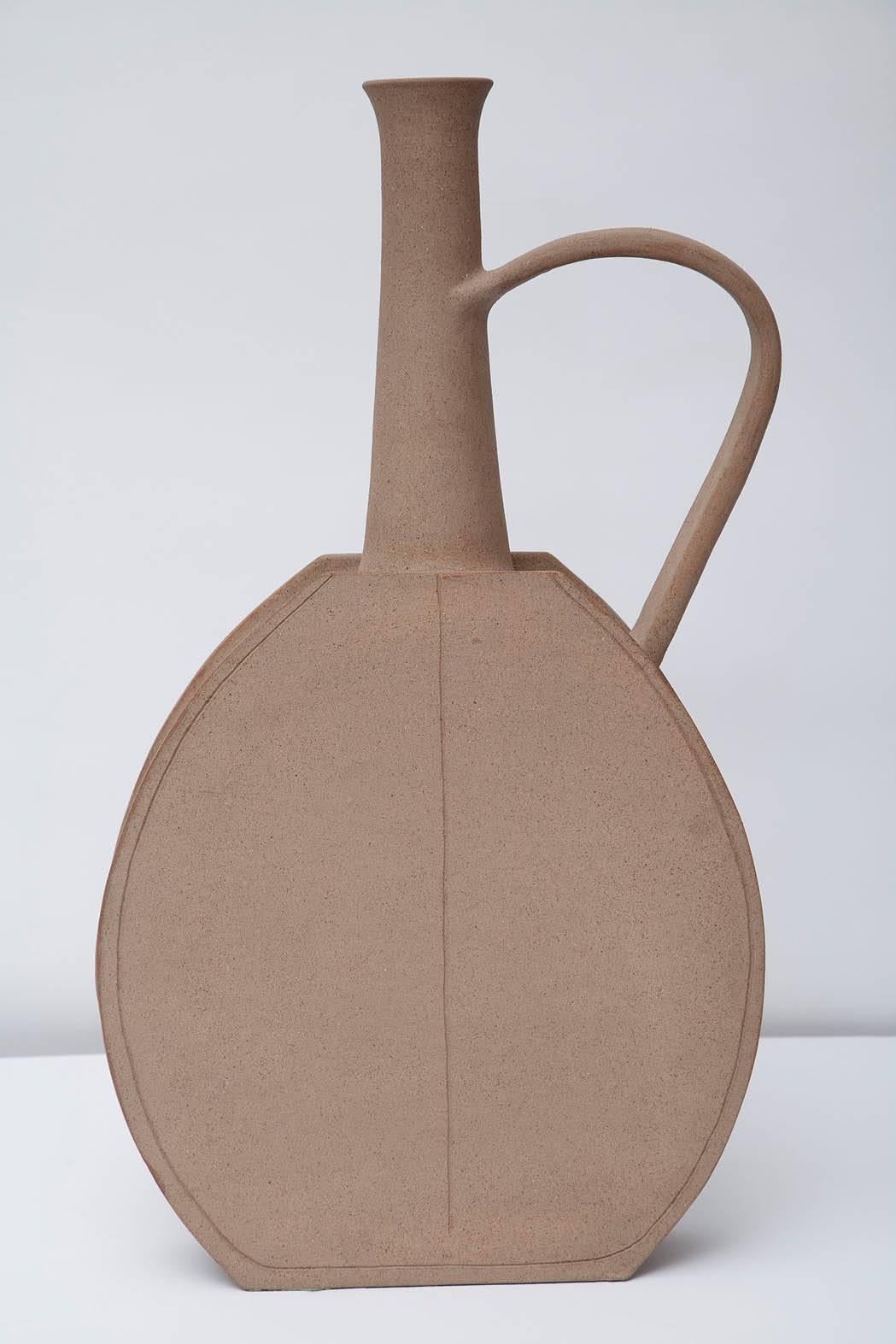 Exceptionally large ceramic pitcher-form vase with incised line decoration, by Bruno Gambone. Signed.