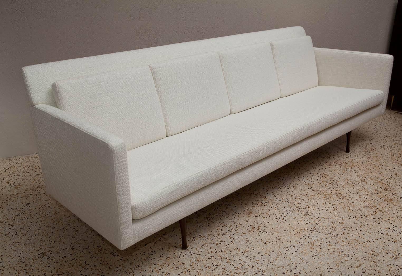 Rare Paul McCobb symmetric group sofa for Widdicomb, completely restored with all new foam and upholstery and refinished walnut base and legs. Fabric swatches available.