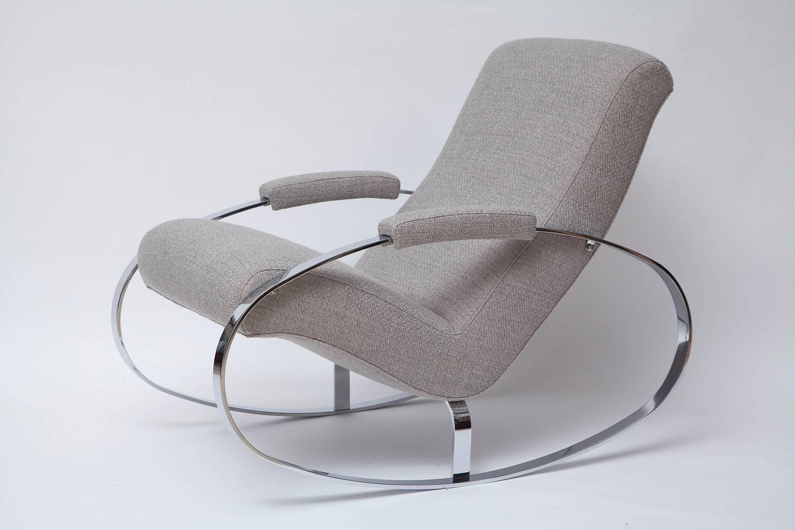 Our favorite kind of 1960s rocker, Guido Faleschini rocking chair in polished chrome, impeccably upholstered with all new foam and nubby grey fabric. (Swatches available.)