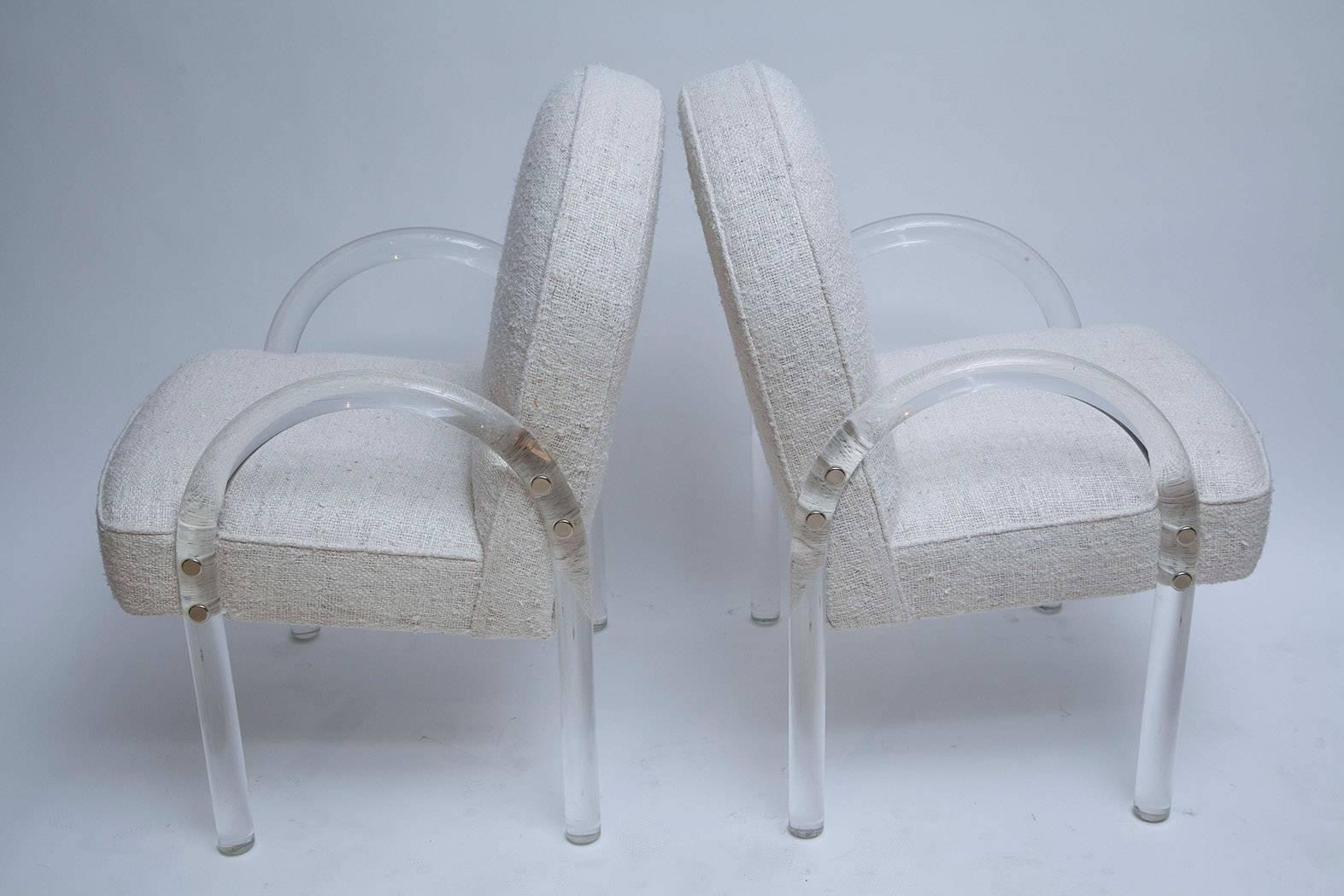 1970s Lucite armchairs by Pace collection, fully restored and upholstered in thick off-white, raw silk tweed.