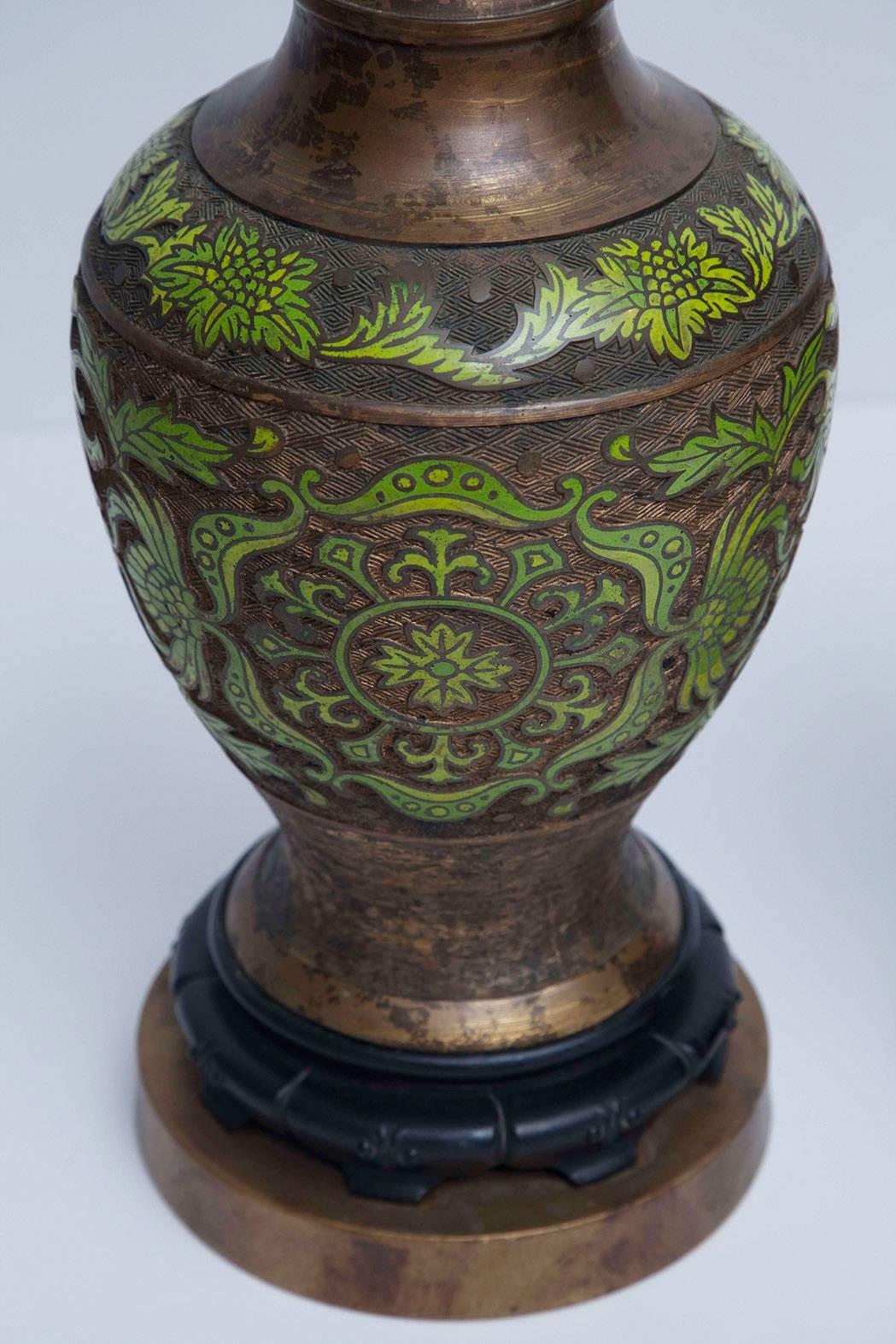 Apple Green Cloisonné and Gilt Bronze Table Lamps In Excellent Condition In North Miami, FL