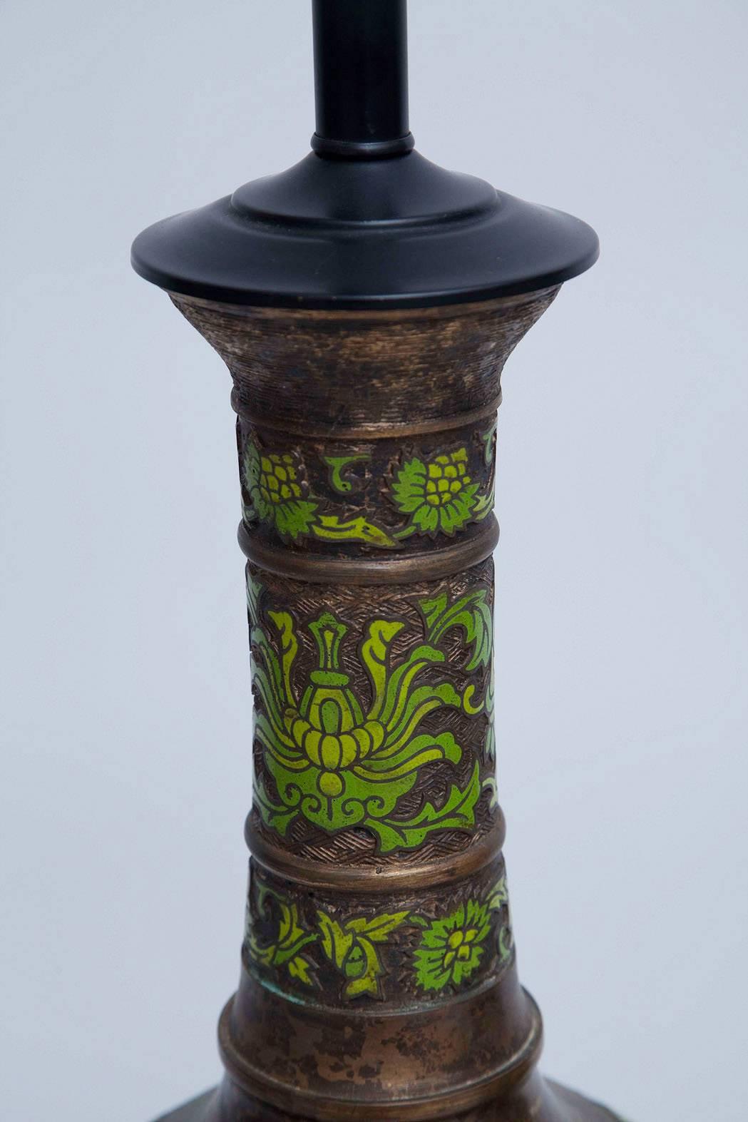 Chinese Apple Green Cloisonné and Gilt Bronze Table Lamps
