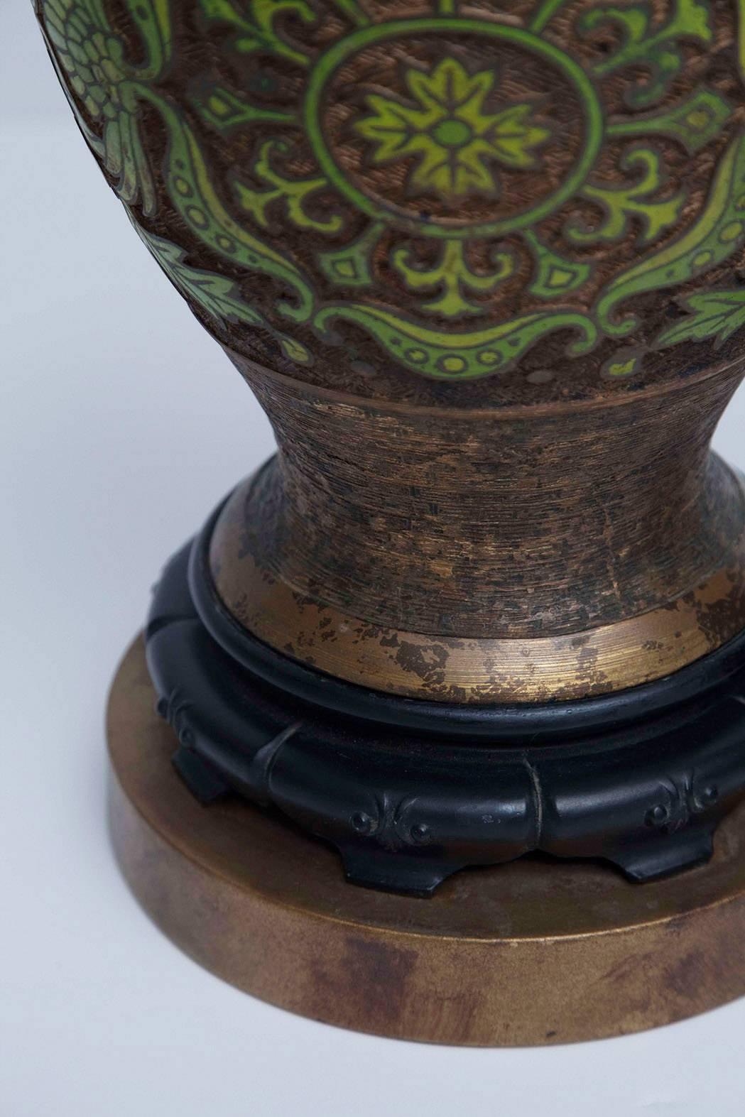 Mid-20th Century Apple Green Cloisonné and Gilt Bronze Table Lamps