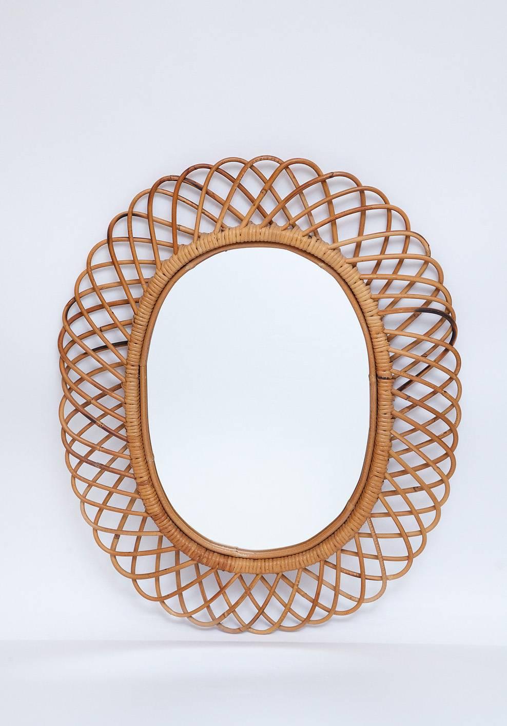 Italian rattan mirror, imported by Rosenthal-Netter. Paper label, circa 1960