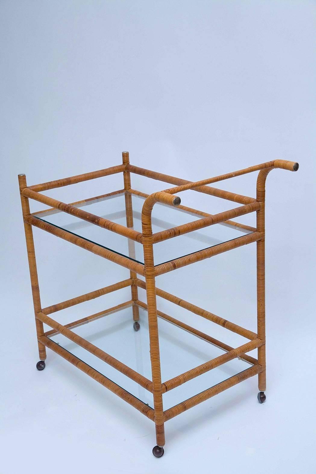 Mid-20th Century 1960s Italian Rattan Bar Cart