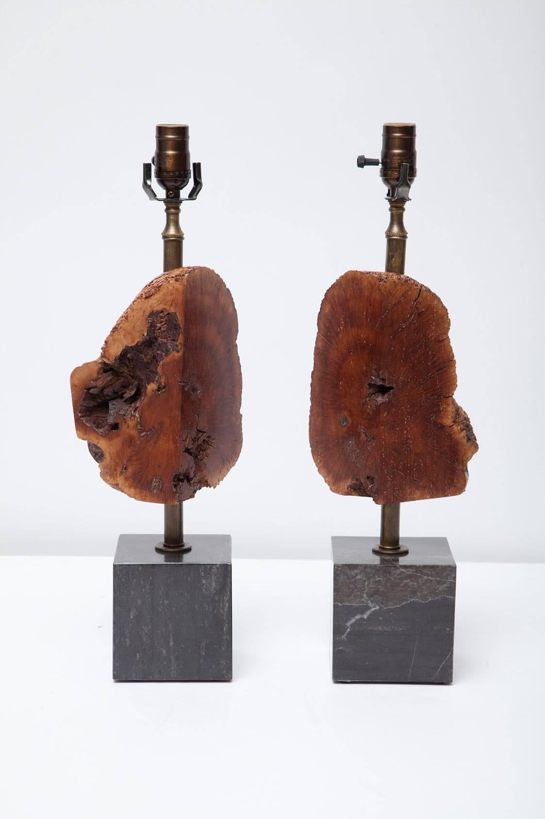 Late 20th Century Pair of Burl Wood and Marble Lamps