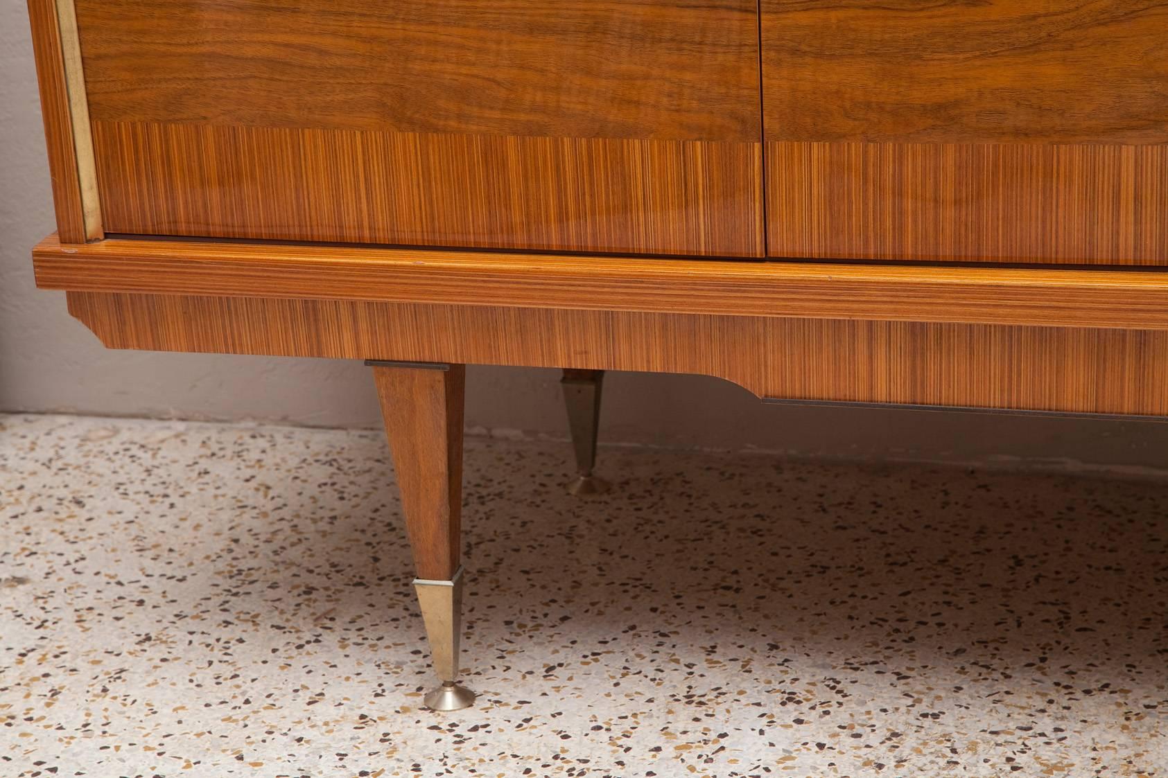 Deco Style 1960s French Zebra Wood and Burl Walnut Credenza 1