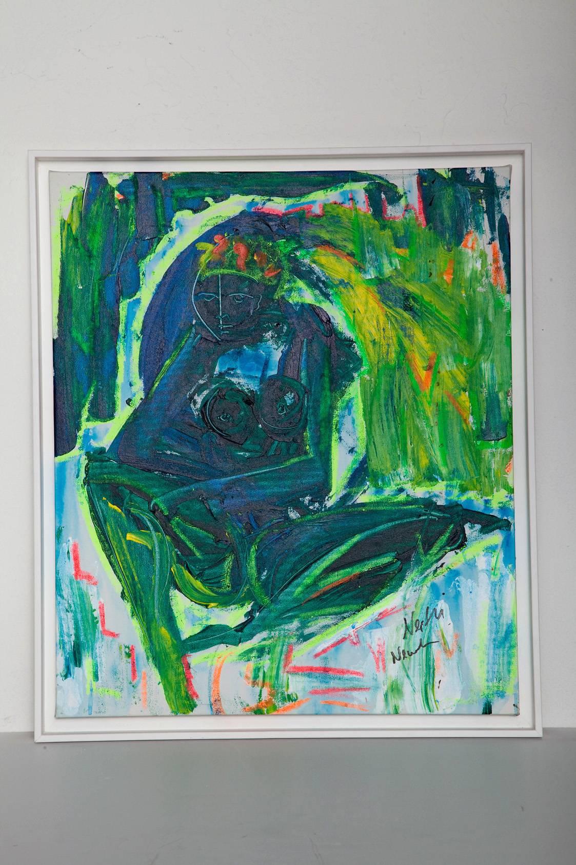 Acrylic on canvas, original painting by Neith Nevelson (1946-), granddaughter of Louise Nevelson. Abstract nude rendered in intensely vibrant and rich colors. Signed in marker, lower right.