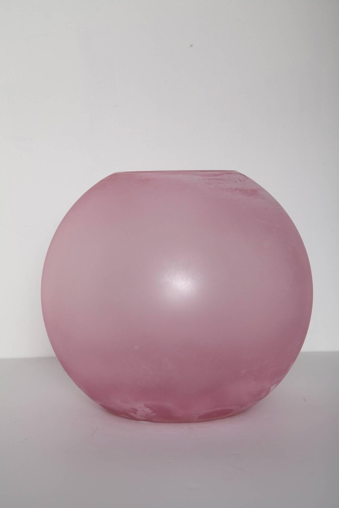 Monumentally-scaled pink scavo glass vase by Cenedese, Murano, Italy. Etched signature.