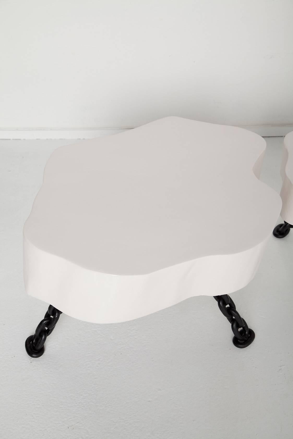 Painted Pair of White Lacquered Tree Trunk Tables with Nautical Chain Legs, Circa 1960