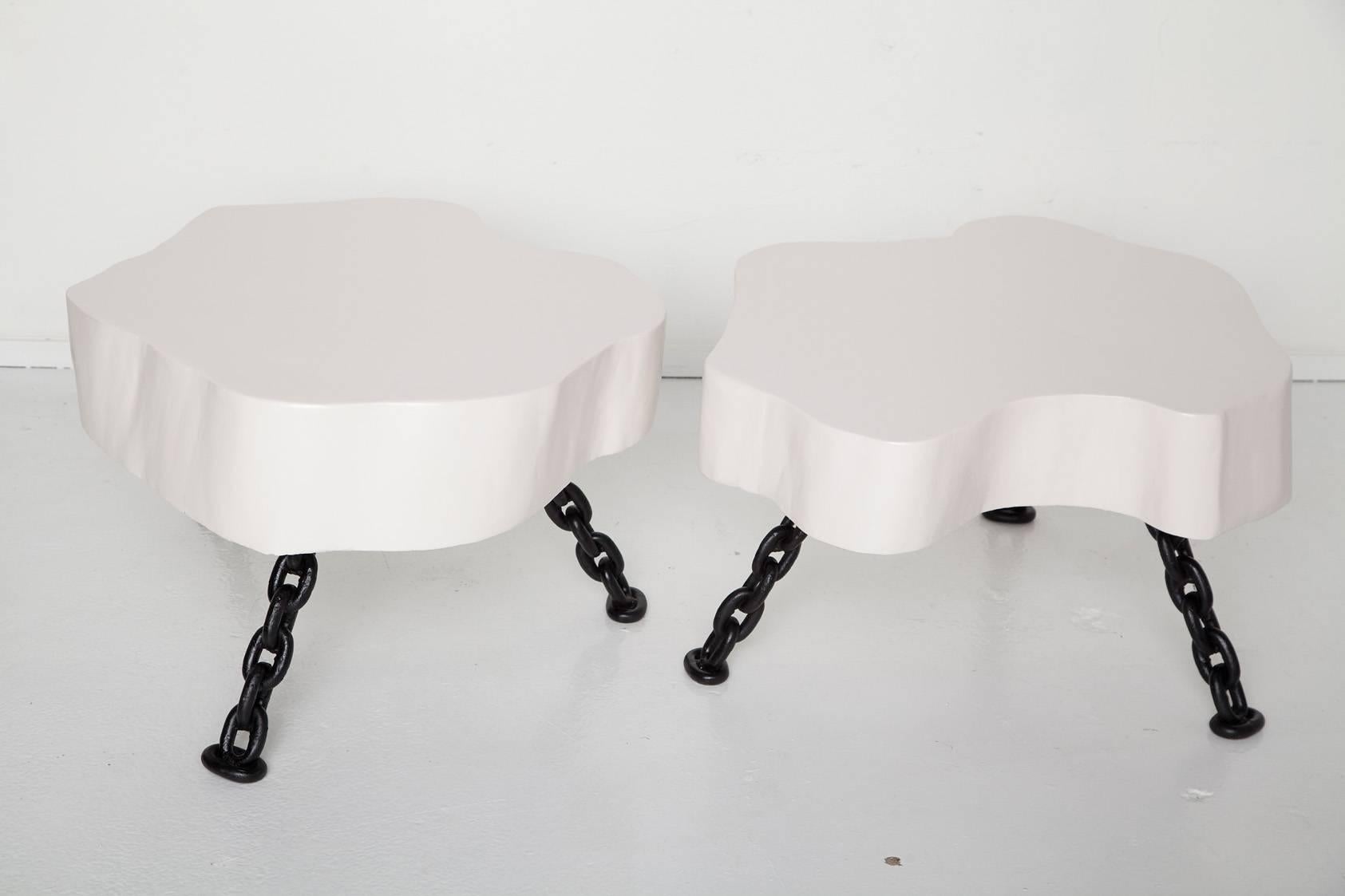 Organic Modern Pair of White Lacquered Tree Trunk Tables with Nautical Chain Legs, Circa 1960