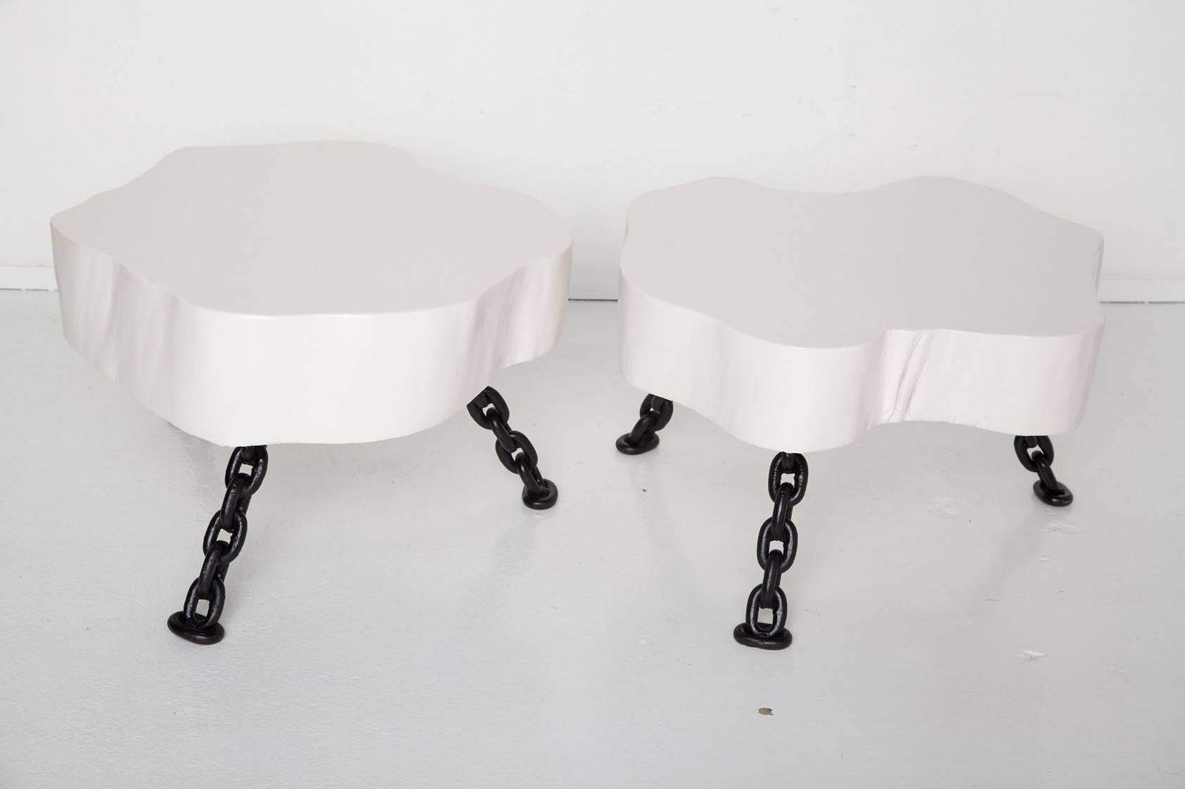 American Pair of White Lacquered Tree Trunk Tables with Nautical Chain Legs, Circa 1960