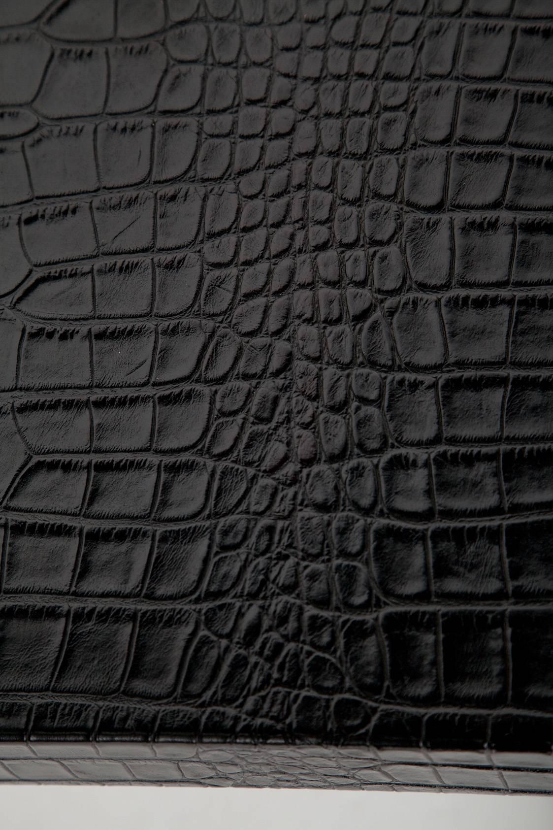 Black Alligator Embossed Leather End Tables after Karl Springer 1