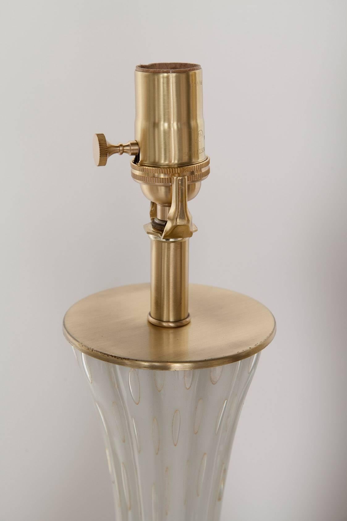 Hollywood Regency Fully Restored White Bullicante Murano Glass Lamps with Gold Leaf, circa 1960