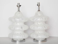 Pair of Three-Tiered Clear and White Mottled Murano Glass Lamps, circa 1970