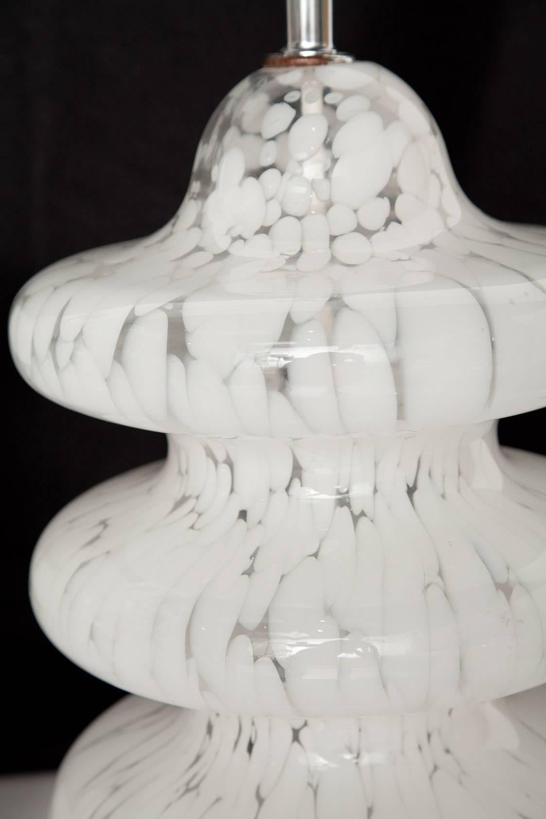 Chrome Pair of Three-Tiered Clear and White Mottled Murano Glass Lamps, circa 1970 For Sale