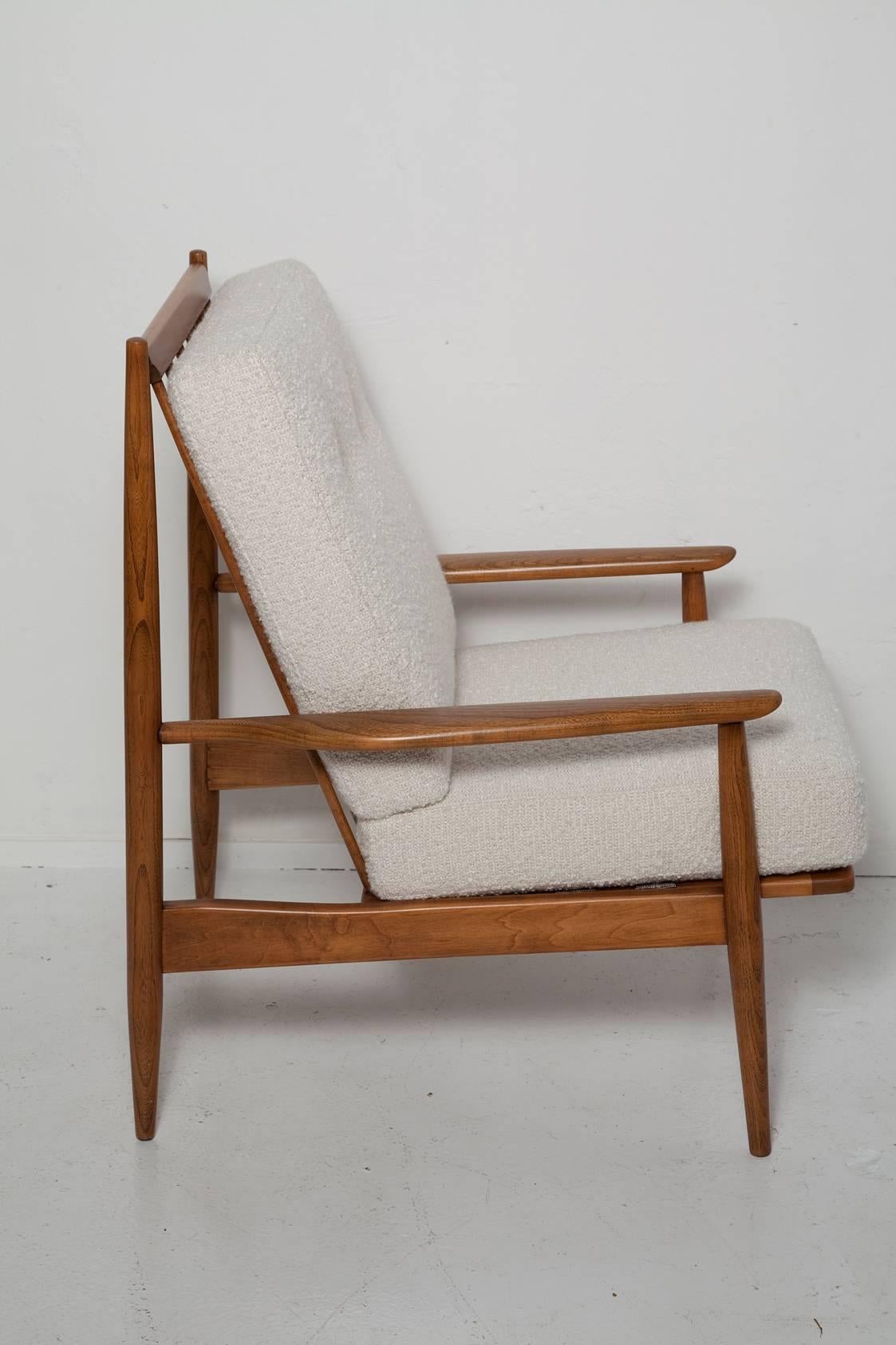 Beautifully restored 1950s Danish modern walnut lounge chair, with all new foam upholstered in a soft, rich, and woolly Beacon Hill Angora bouclé.