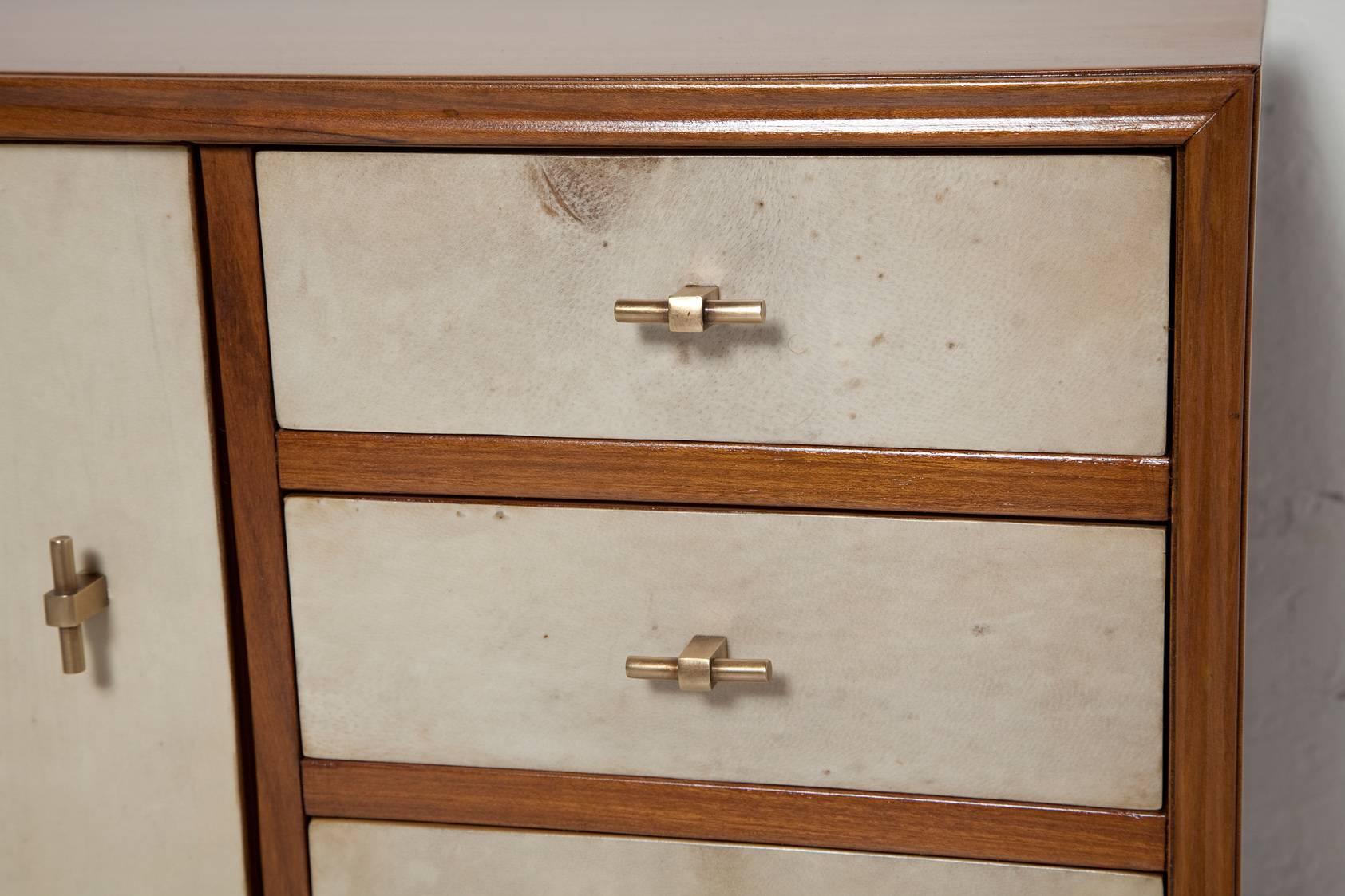 Goatskin French Teak and Parchment Nightstands, circa 1950