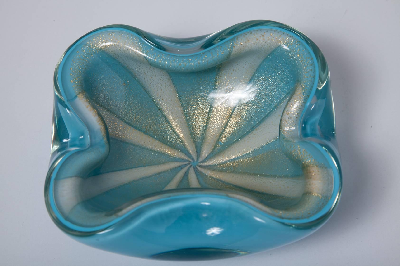 Mid-Century Modern Gold Dusted 1950s Blue and White Circus Tent Murano Art Glass Bowl by Barbini