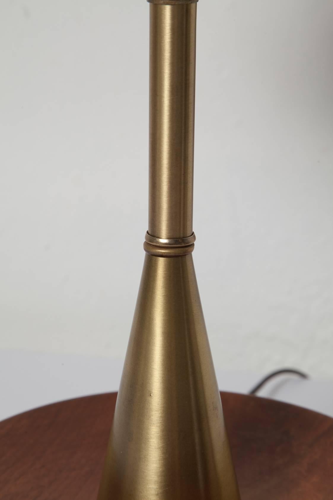 Late 1950s Danish Modern Brass and Walnut Table Lamp with Frosted Glass Chimney In Good Condition In North Miami, FL