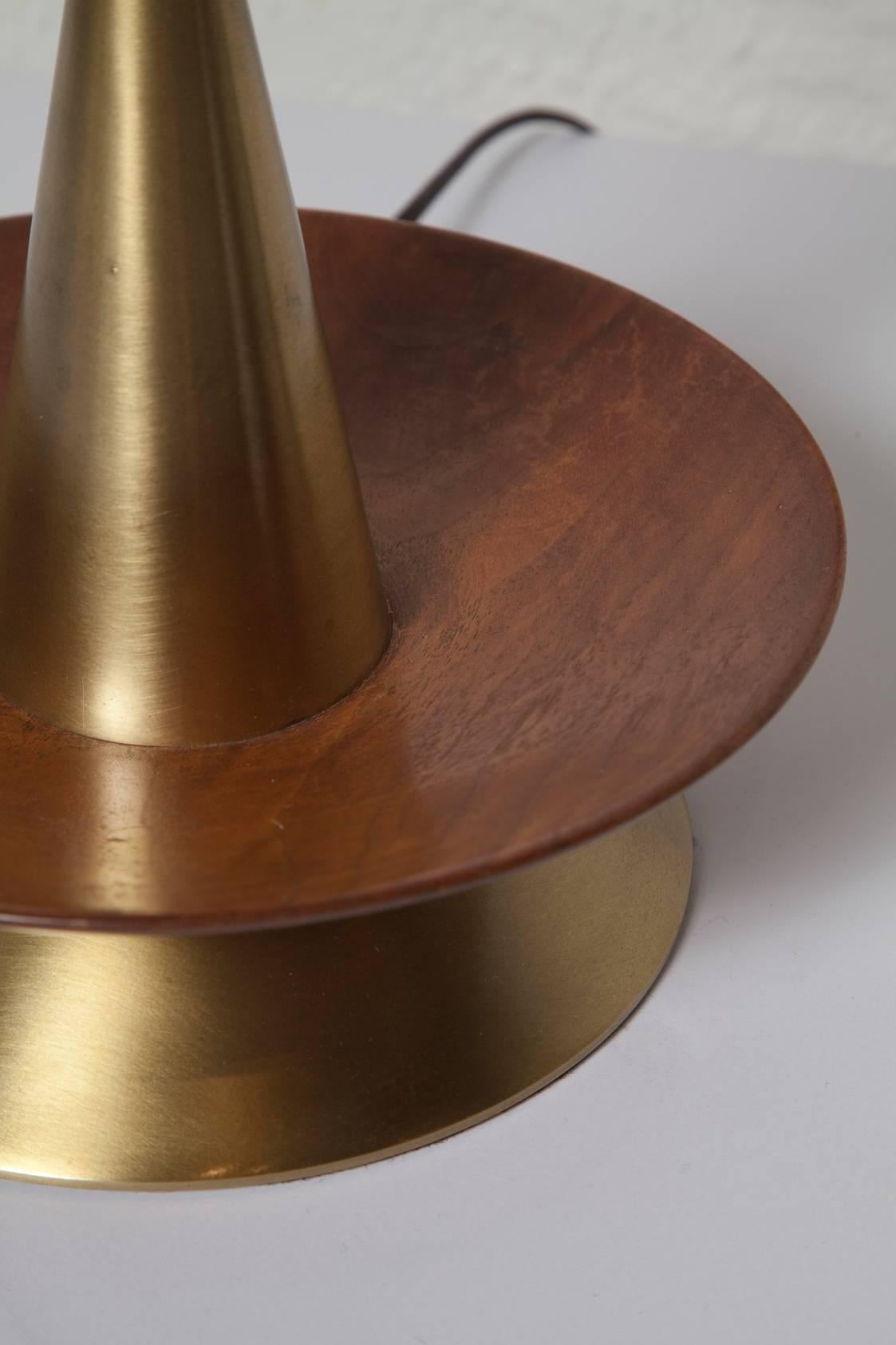 Late 1950s Danish Modern Brass and Walnut Table Lamp with Frosted Glass Chimney 1