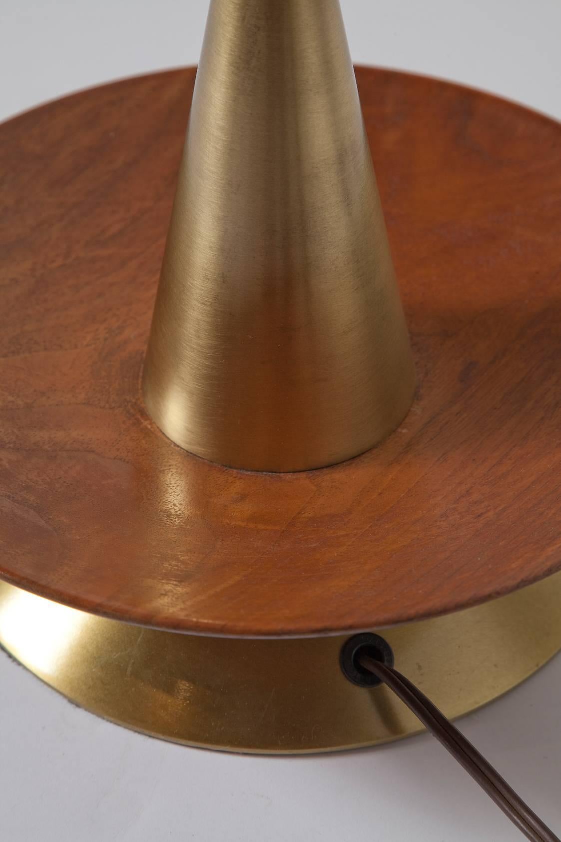 Late 1950s Danish Modern Brass and Walnut Table Lamp with Frosted Glass Chimney 2