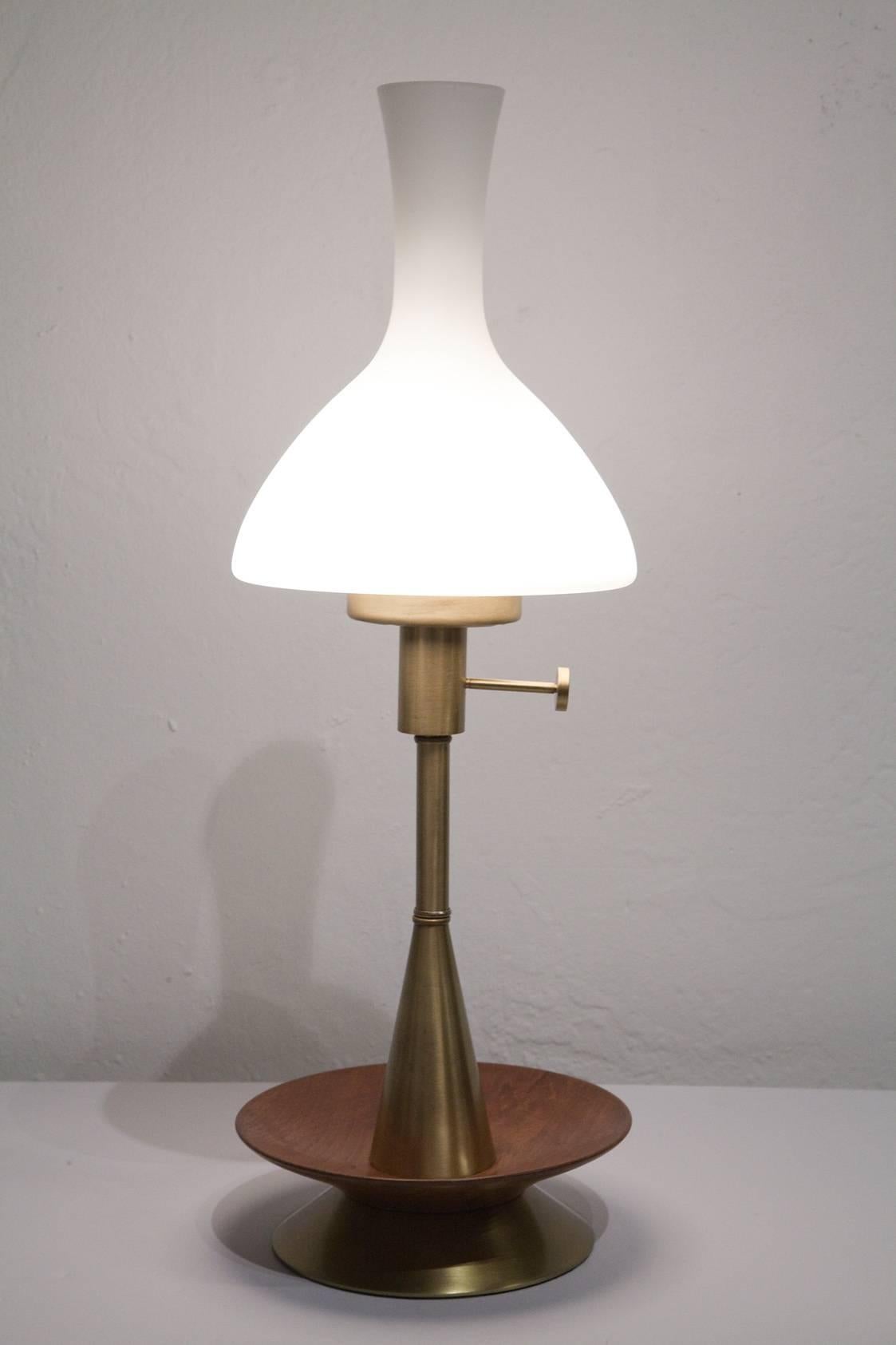 Mid-Century Modern Late 1950s Danish Modern Brass and Walnut Table Lamp with Frosted Glass Chimney